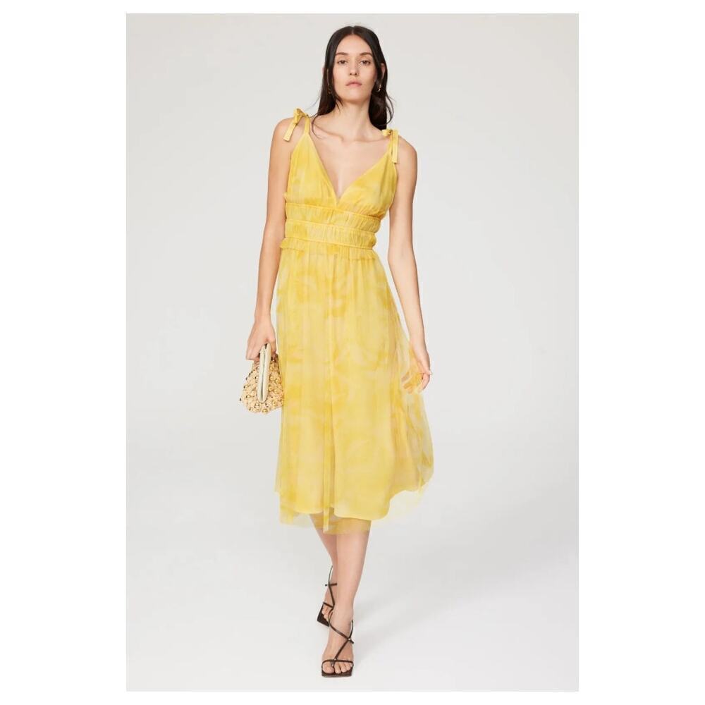 Louna Yellow Printed Midi Dress Yellow Tie Straps Fit & Flare Sundress Size M